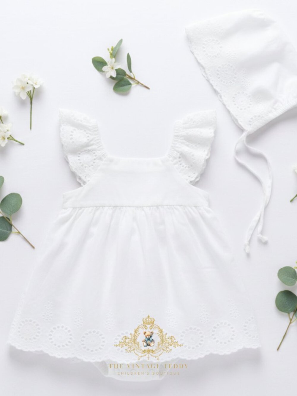 NWT Heavenly Girls Eyelet Lace Embroidery Dress Bloomer & Cap Summer White 18-24 - Picture 3 of 3
